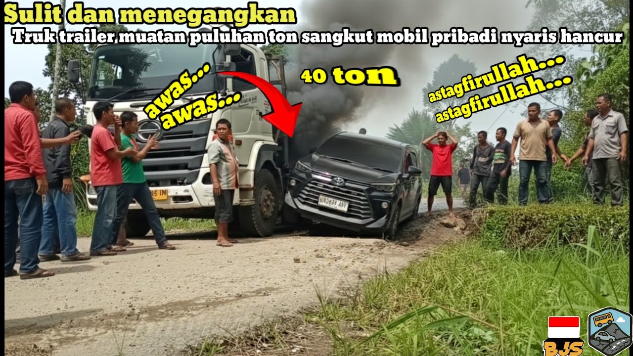 Innalillahi‼️Truk trailer muatan puluhan ton sangkut mobil pribadi nyaris hancur di jalur batu jomba