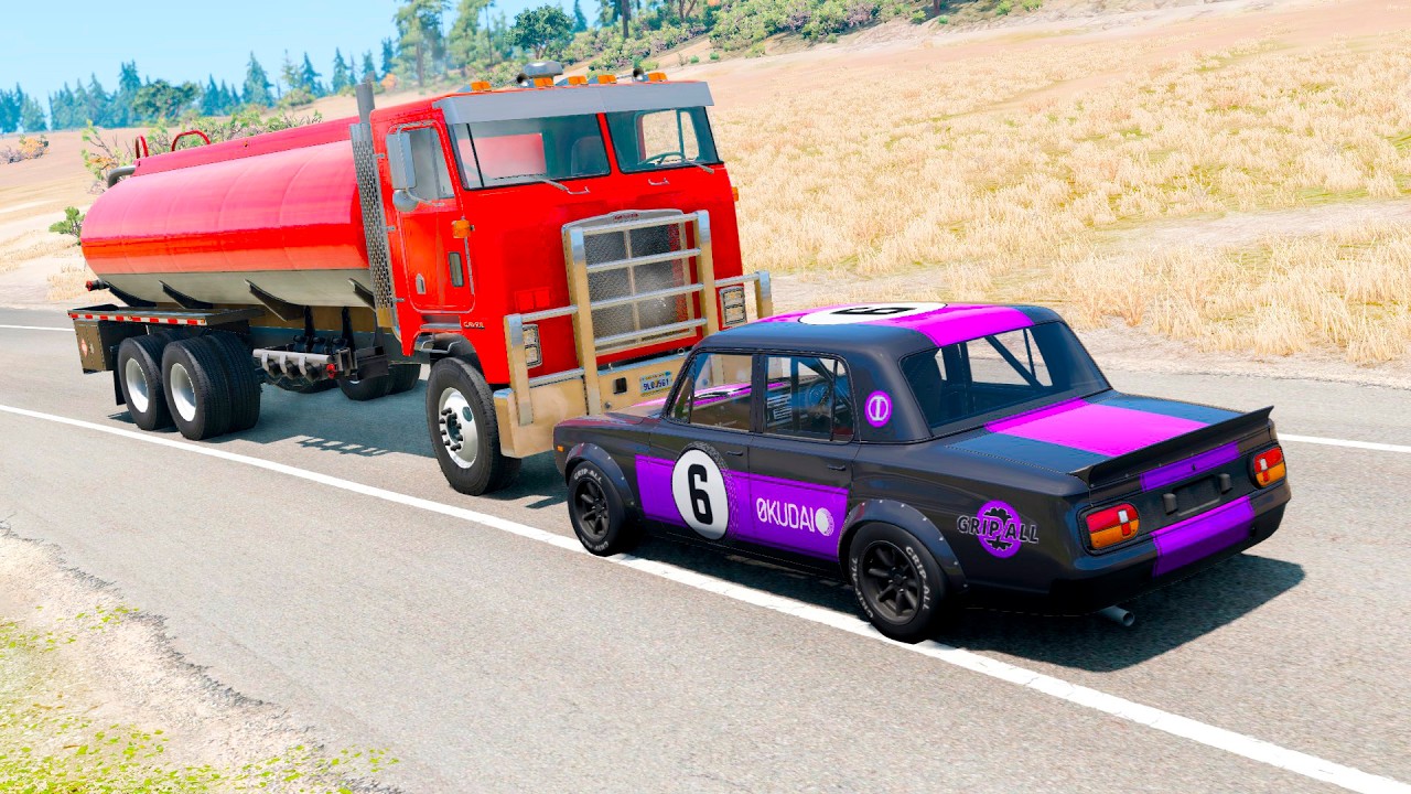 Double Flatbed Trailer Truck vs Speedbumps Train vs Cars | Tractor vs Train Beamng.Drive