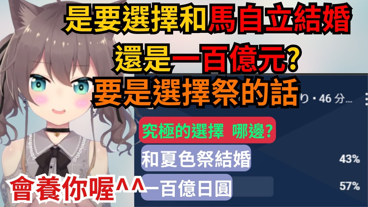 究極的選擇!要選擇和馬自立結婚還是拿一百億元 什麼?妳說娶祭的話 人和錢兩者都可以拿到?!這還用想嗎!【夏色まつり】【夏色祭】【hololive中文】【hololive翻譯】