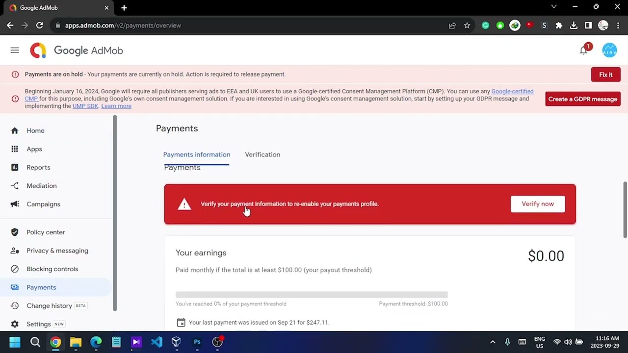 Google Admob Payments are on Hold - Verify your payment information [Fixed]