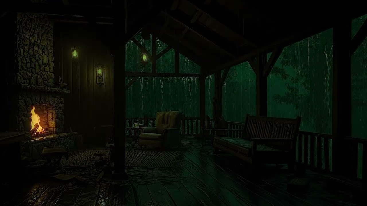 Cozy Cabin Deck in a Storm 🌧 Heavy Rain and Thunder Sounds for Deep Sleep and Relaxation
