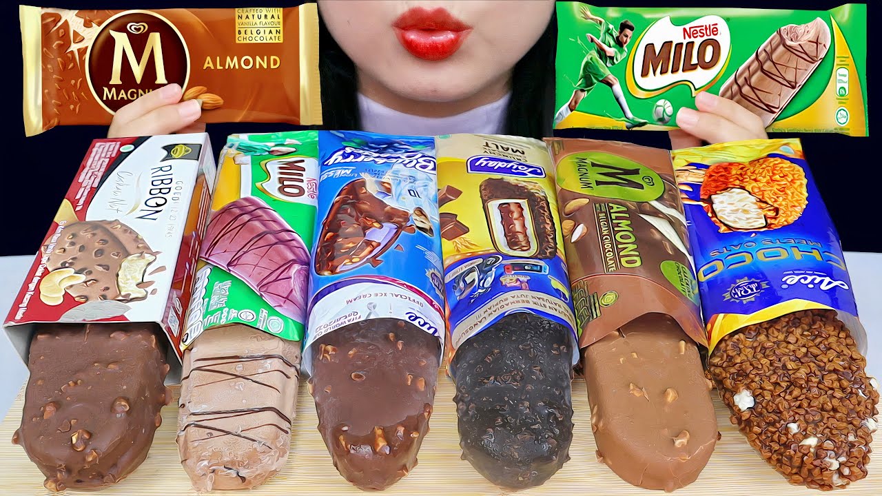 ASMR MAGNUM CHOCOLATE ICE CREAM 🍫 MAGNUM ALMOND, MILO, CAMPINA GOLD RIBBON, AICE CHOCO MEETS OATS