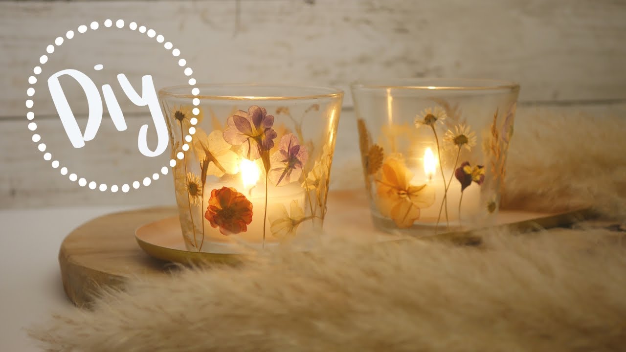 Windlicht mit Blumen - Dekoration mit Trockenblumen - kreative DIY Kerzen Ideen