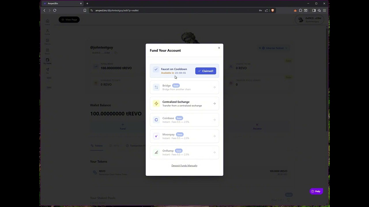 How to claim Testnet REVO tokens in Amped.Bio
