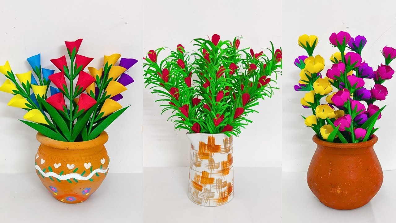 3 Different Paper Flowers With Vase | Easy DIY Paper Flower Making Ideas 