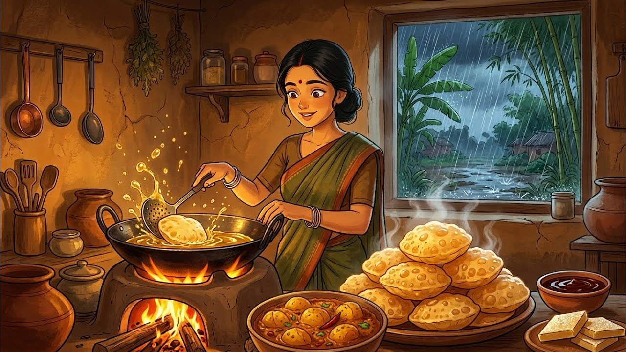 ASMR Cozy Rainy Day Village Kitchen | Luchi Frying + Forest Walk + Tiffin Box | Bengali Rural Life