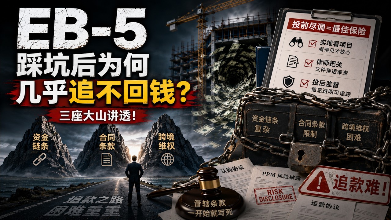 EB-5踩坑后为什么几乎追不回钱？资金链条/合同条款/跨境维权三座大山讲透｜投前尽调=实地看项目+律师把关+投后监督