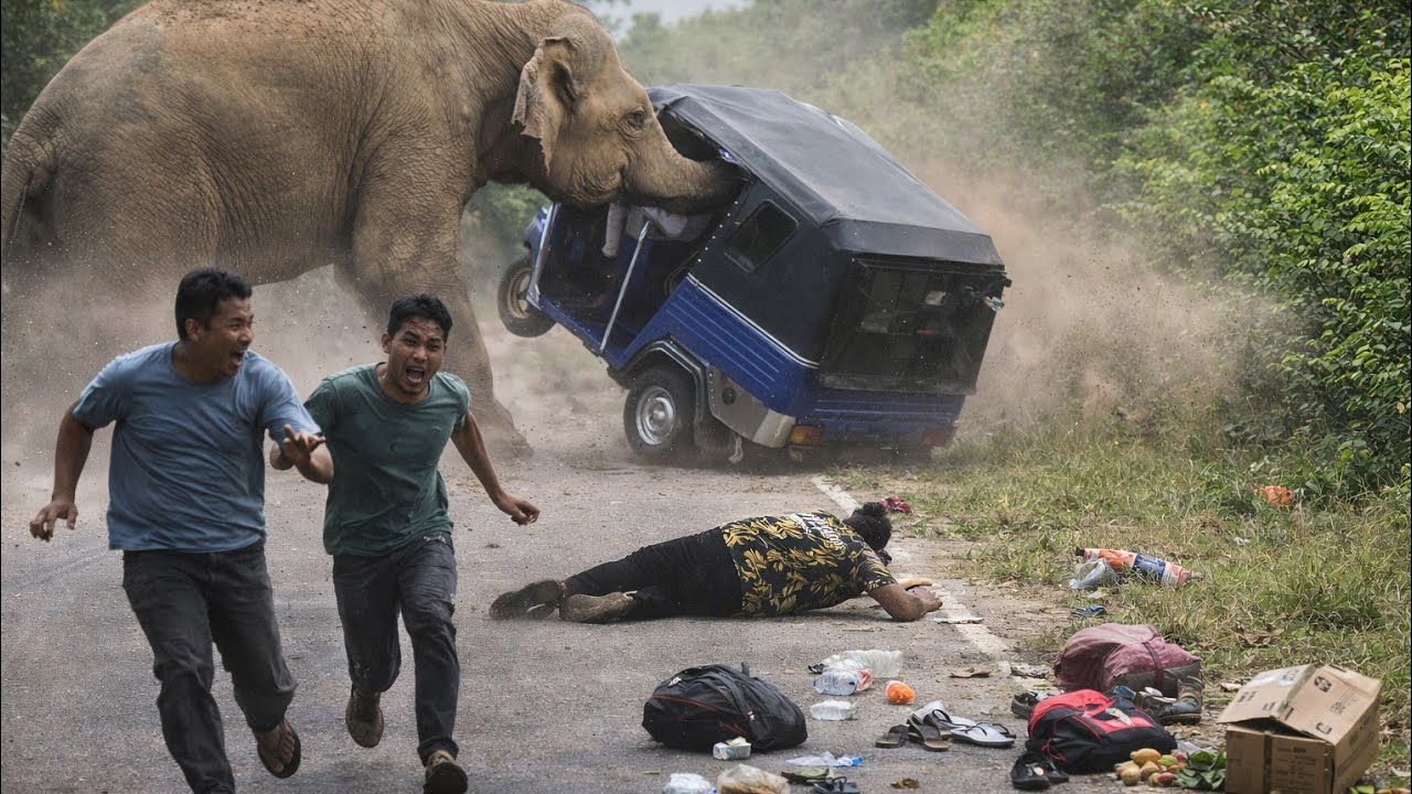 Wild Elephant Attack on Three-Wheeler &ndash; Terrifying Highway Chaos Caught on Camera!