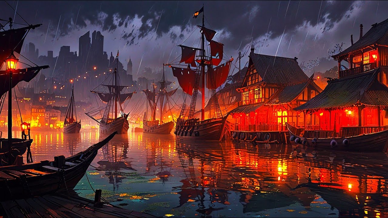 Medieval Port at Dusk (Relaxing Medieval Ambience | Rain & Ships)