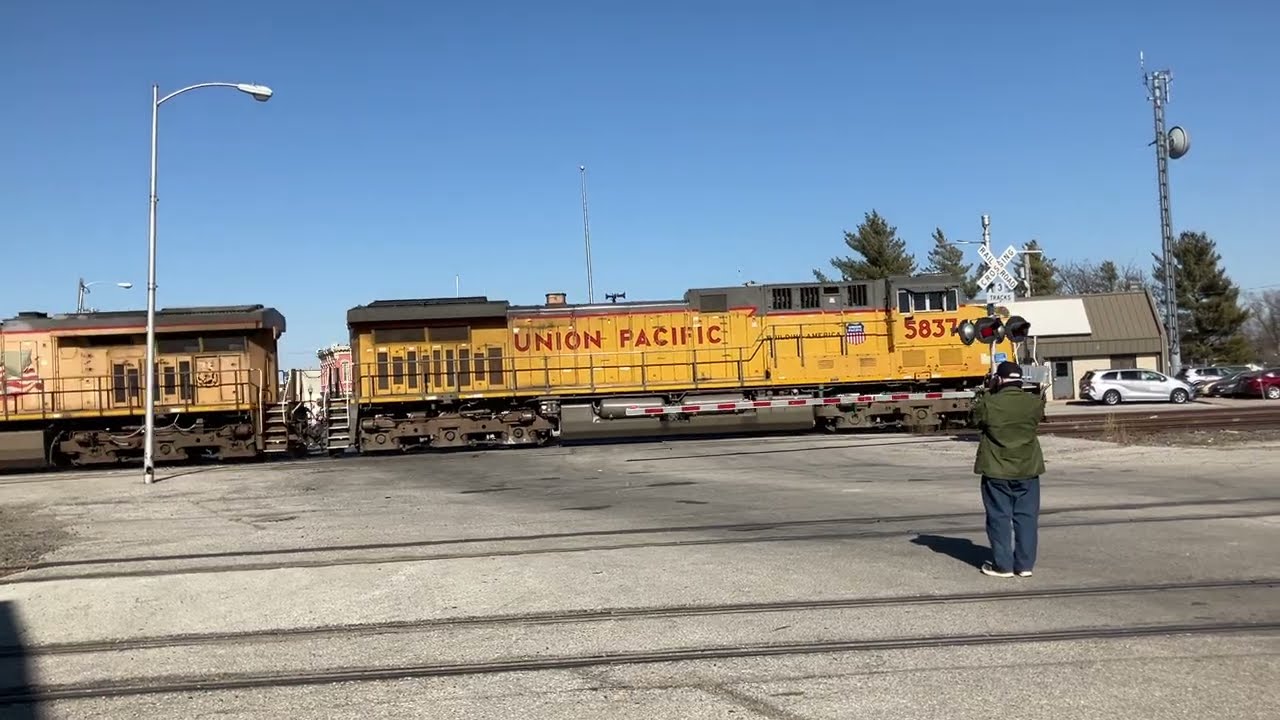 UP 5837 Coal Train w/6 Engines including Mid & Rear DPUs East, Main St Railroad Crossing, Fremont NE
