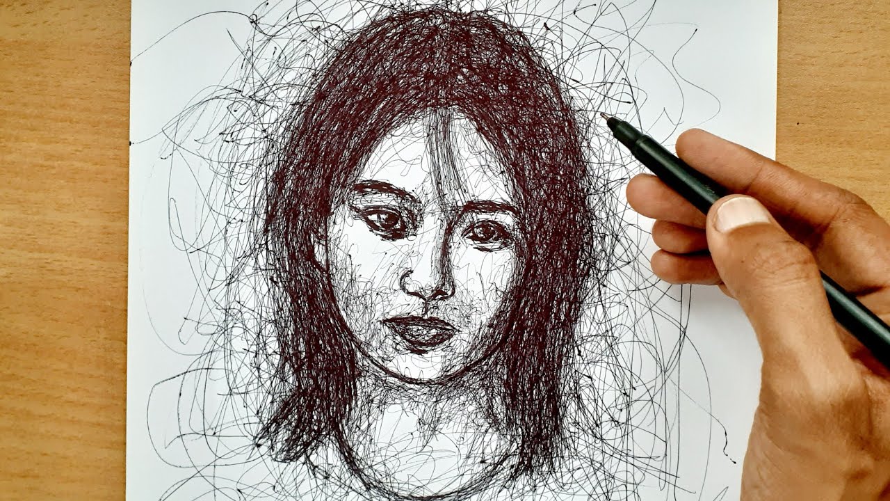 Drawing Scribble portrait of girl with pen | Scribble art | Explained