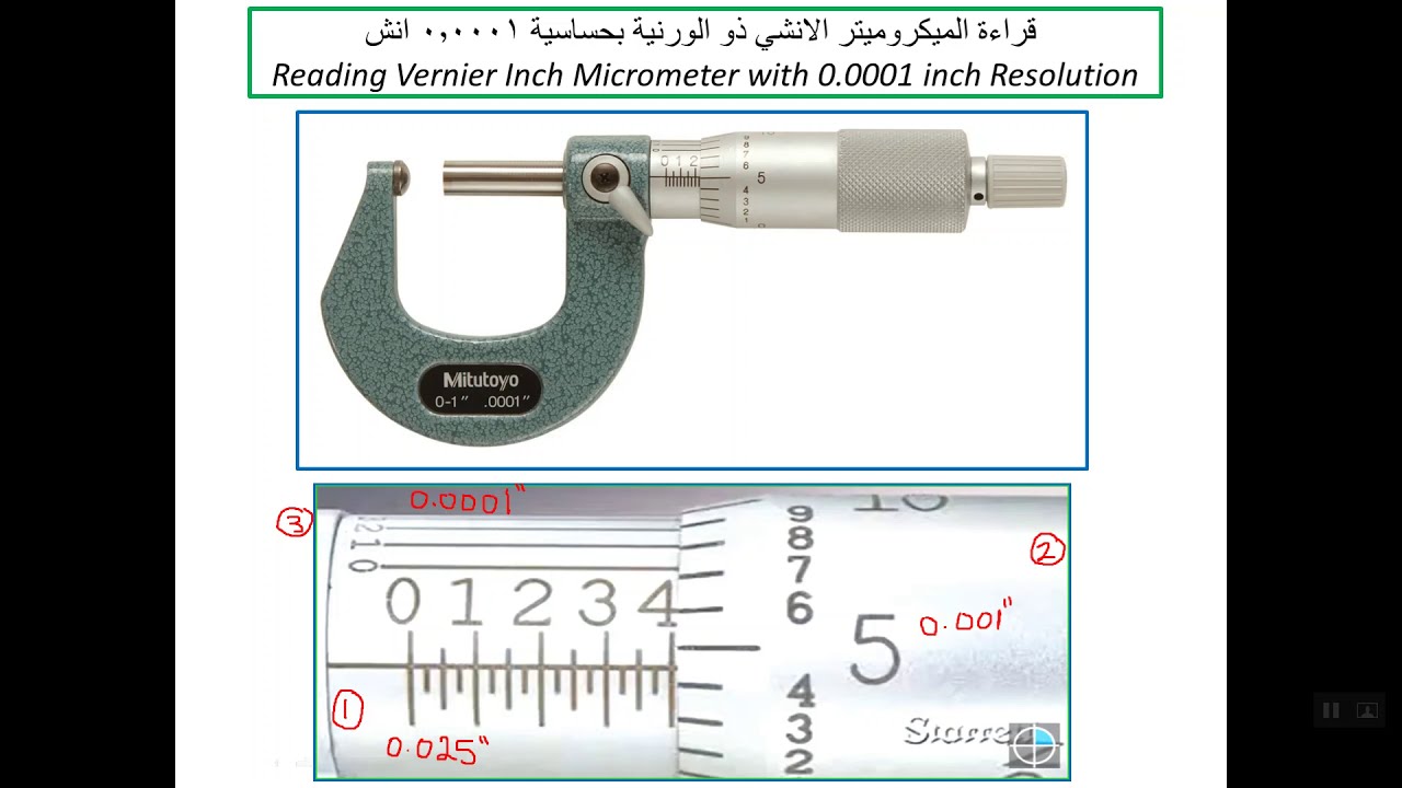 25) قراءة الميكروميتر الانشي ذو الورنية بحساسية 0,0001 انشVernier Inch Micrometer 0.0001 inch