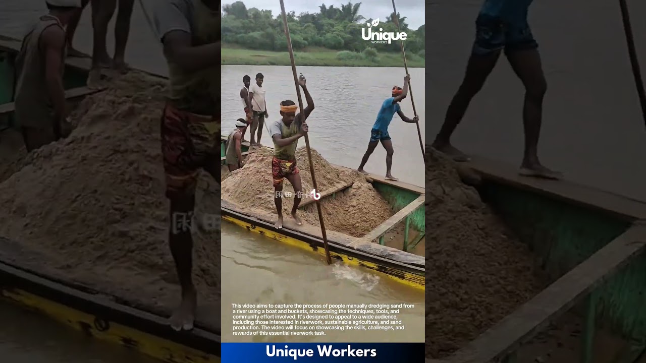 Sand dredging: people manually dredging sand from a river using a boat and buckets