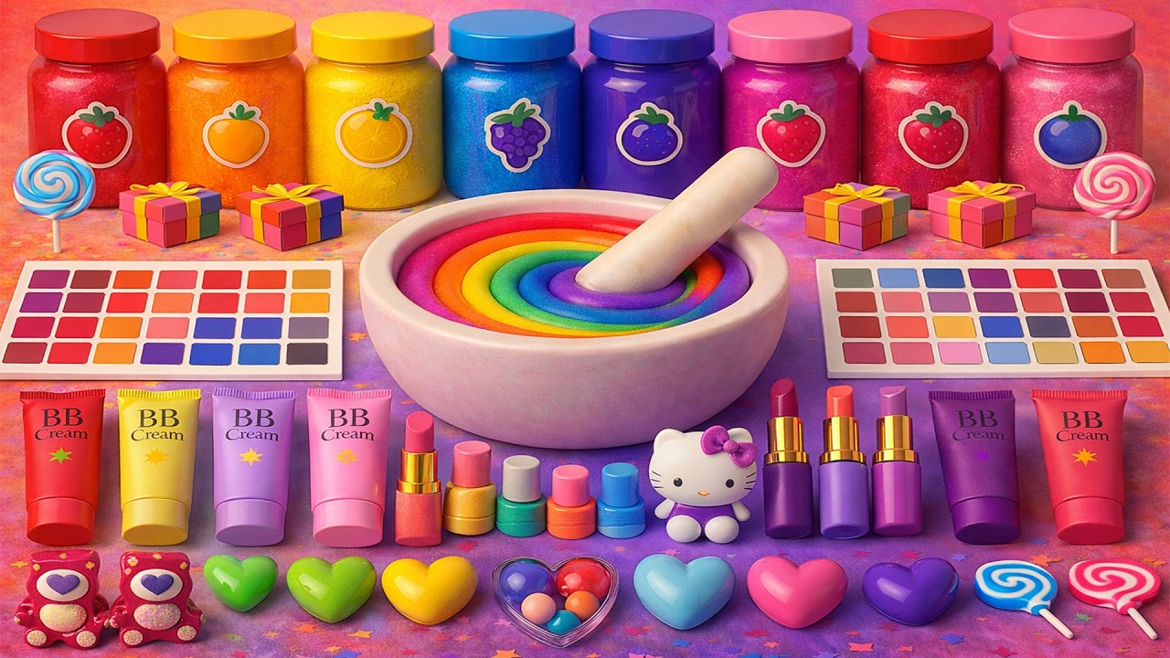 ASMR слайм видео 🌈 DIY Радужный Хелло Китти облачный слайм с косметикой, тенями, уходом и блёстками