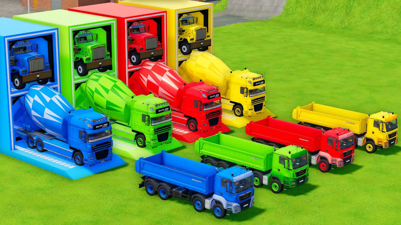 Garage with Colors - ALL MIXER TRUCK WITH DOUBLE FLATBED TRAILER TRUCK, KENWORTH, DAF, MAN - FS22