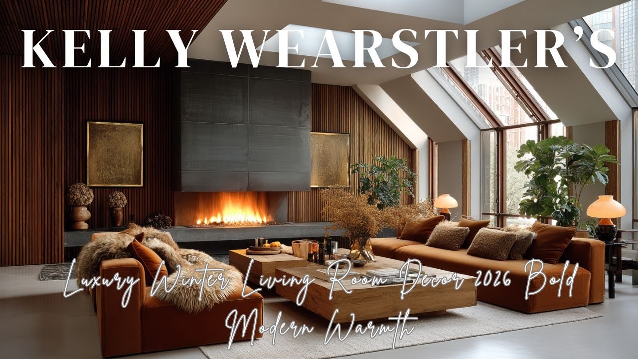 Роскошный зимний декор гостиной 2026, вдохновленный смелым современным стилем и теплотой от Келли...