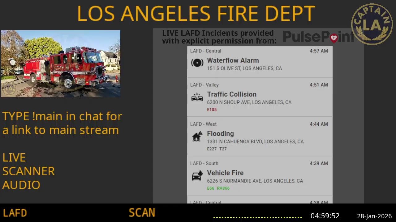 LAFD - *LIVE* Los Angeles Fire Department SCANNER Radio // FIRE & EMS // 27-Jan-2026 // LA CAPTAIN