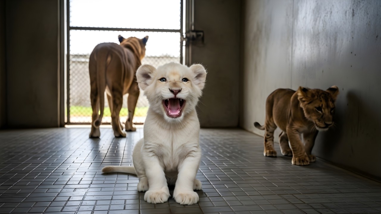 Rare White Lion Cub Smiling in Cage – Emotional Moment Caught on Camera