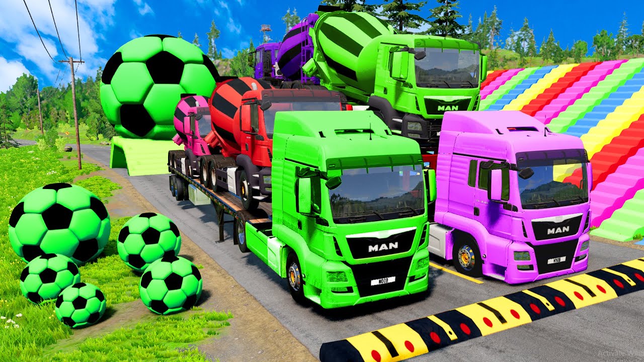 Flatbed Trailer McQueen Transportation with Truck - Speedbumps vs Cars vs Train - BeamNG.Drive #03