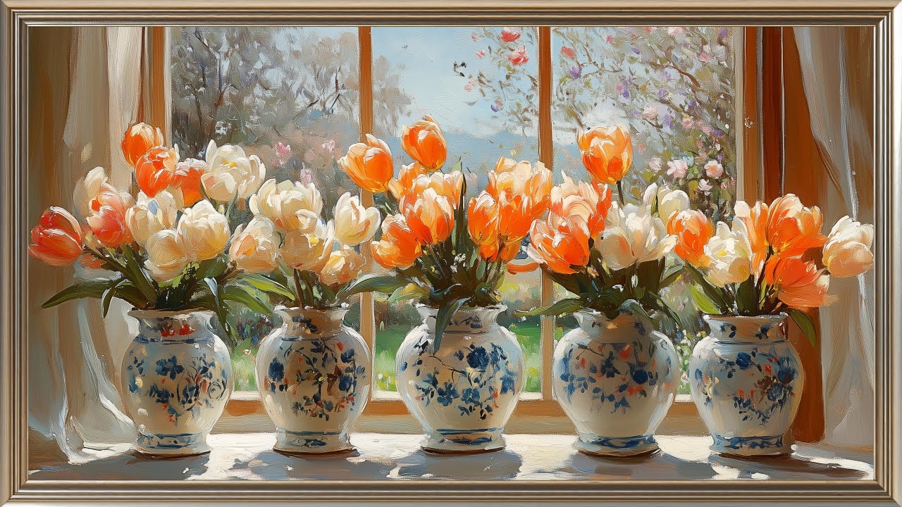 🌷Tulips by the Window | Spring Frame TV Art with Music | Vintage Floral Still Life 4K Screensaver