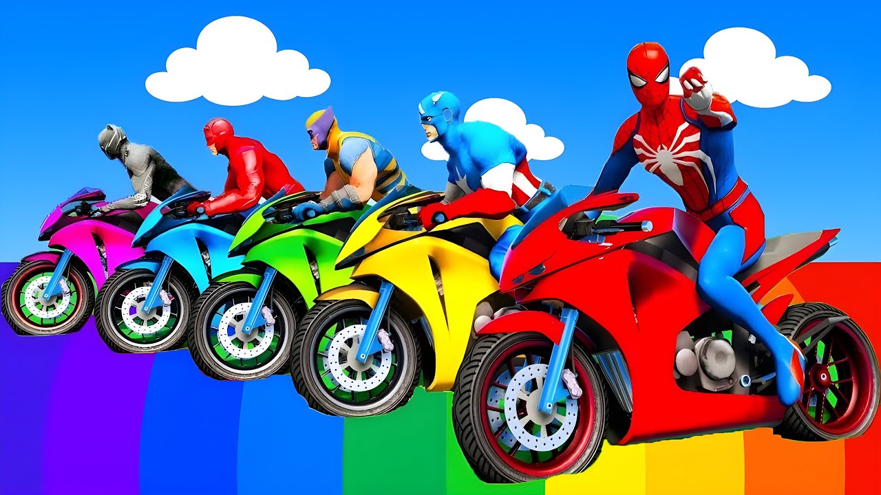 سبايدر مان اصعب دراجة نارية فوق اسماك القرش - Superheroes Ride on Motorcycle Stunt Funny Moments