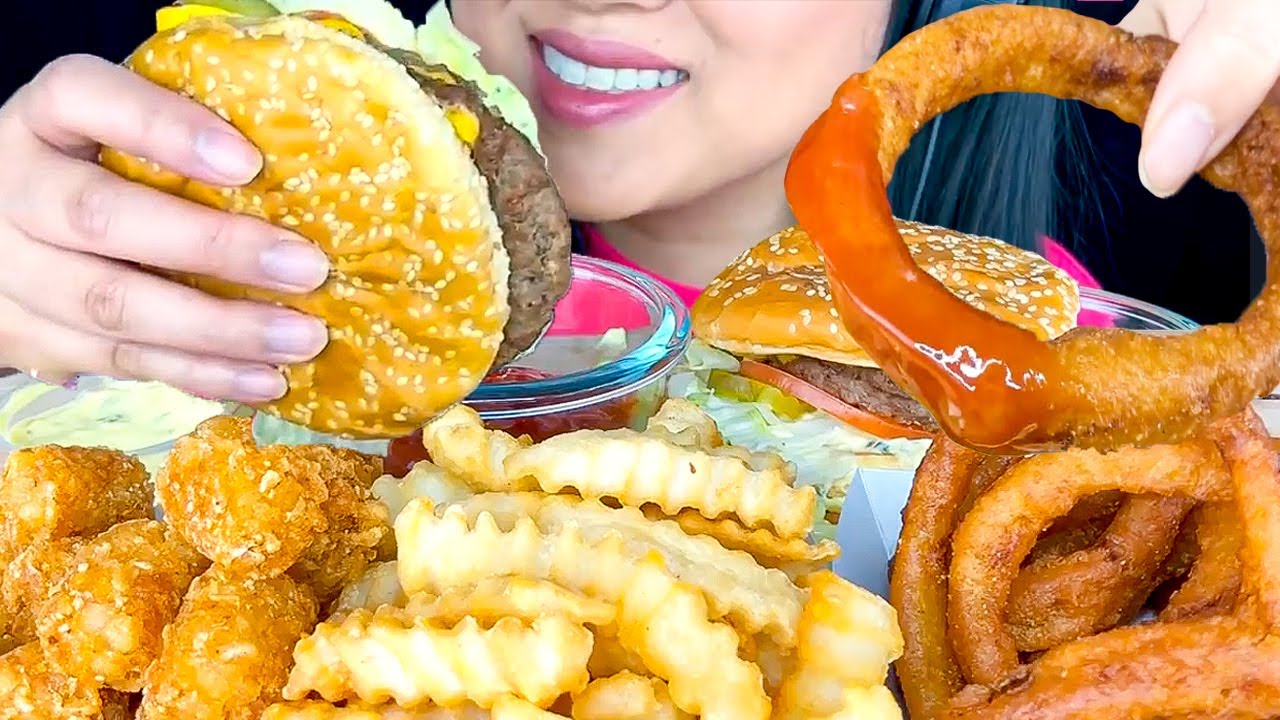 EATING DOUBLE CHEESEBURGER, ONION RINGS, CRINKLE FRIES & TATER TOTS | MUKBANG