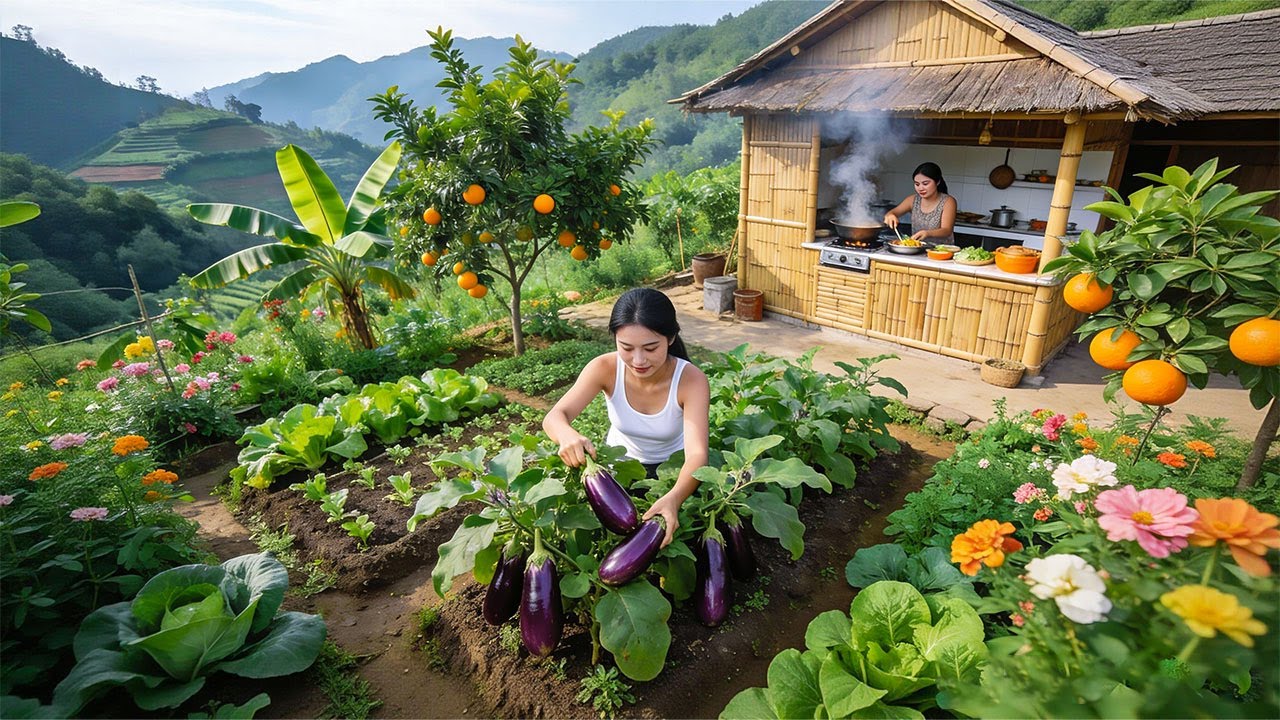 Farm Life: Gardening, harvesting eggplant, and cooking crispy fried eggplant stuffed with meat