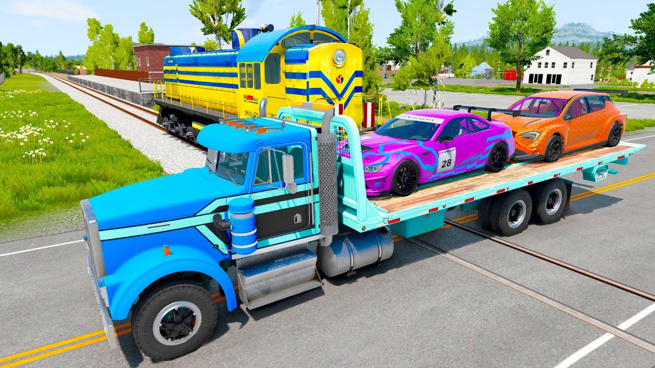 Double Flatbed Trailer Truck vs Speedbumps Train vs Cars | Tractor vs Train Beamng.Drive
