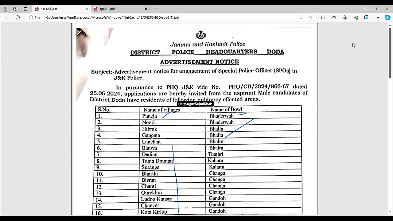 JK POLICE SPO JOB RECURIMENTS FOR DODA & REASI
