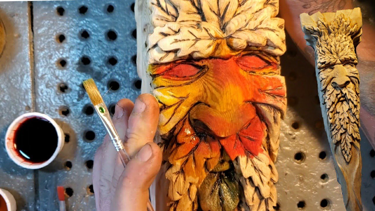Woodcarving. Greenman-Wood Dye & Stain.