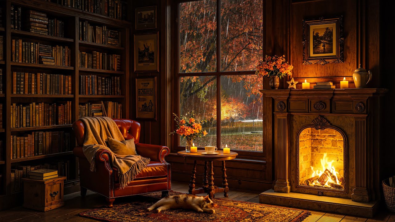 🍂 Autumn Jazz & Cozy Comfort | Fireplace & Rainy Night Ambience for Peaceful Relaxation 🌧️