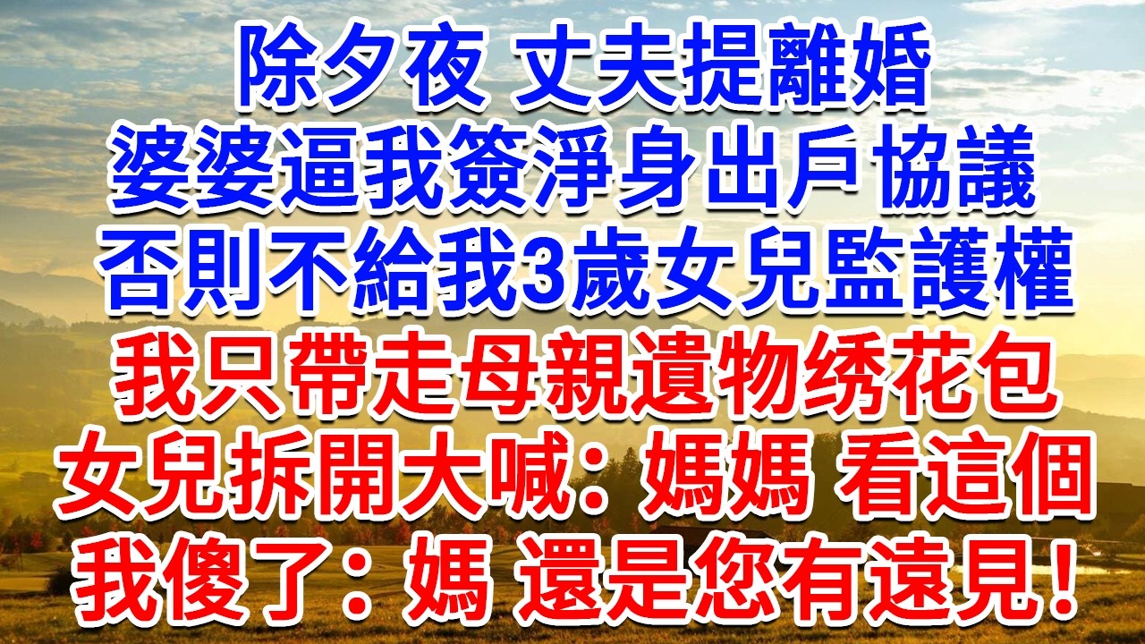 除夕夜丈夫提離婚，婆婆逼我簽淨身出戶協議，否則不給我3歲女兒監護權，我只帶走母親遺物绣花包，女兒拆開大喊：媽媽 看這個！我傻了：媽 還是您有遠見！#生活經驗#情感故事#故事#小說#戀愛#情感#婚姻