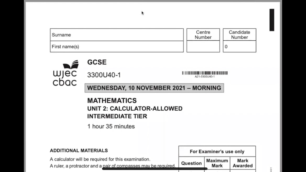 WJEC Intermediate Unit 2 Calculator Nov 2021 #gcsemaths #wjec #exams2022 #maths2022