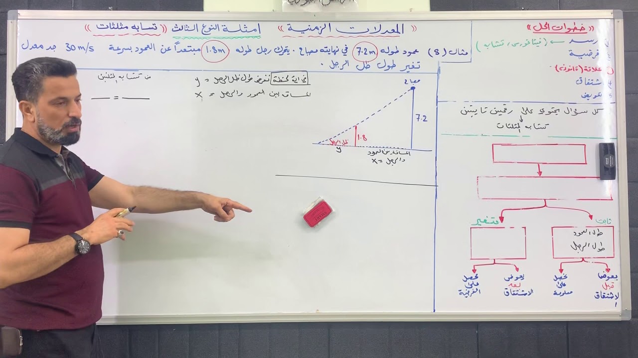 المعدلات الزمنية - النوع الثالث -تشابه مثلثات مثال رقم 8