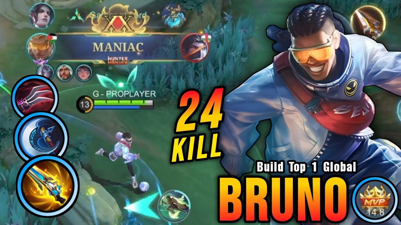 24 Kills + MANIAC!! Bruno Powerful Critical Damage!! - Build Top 1 Global Bruno ~ MLBB