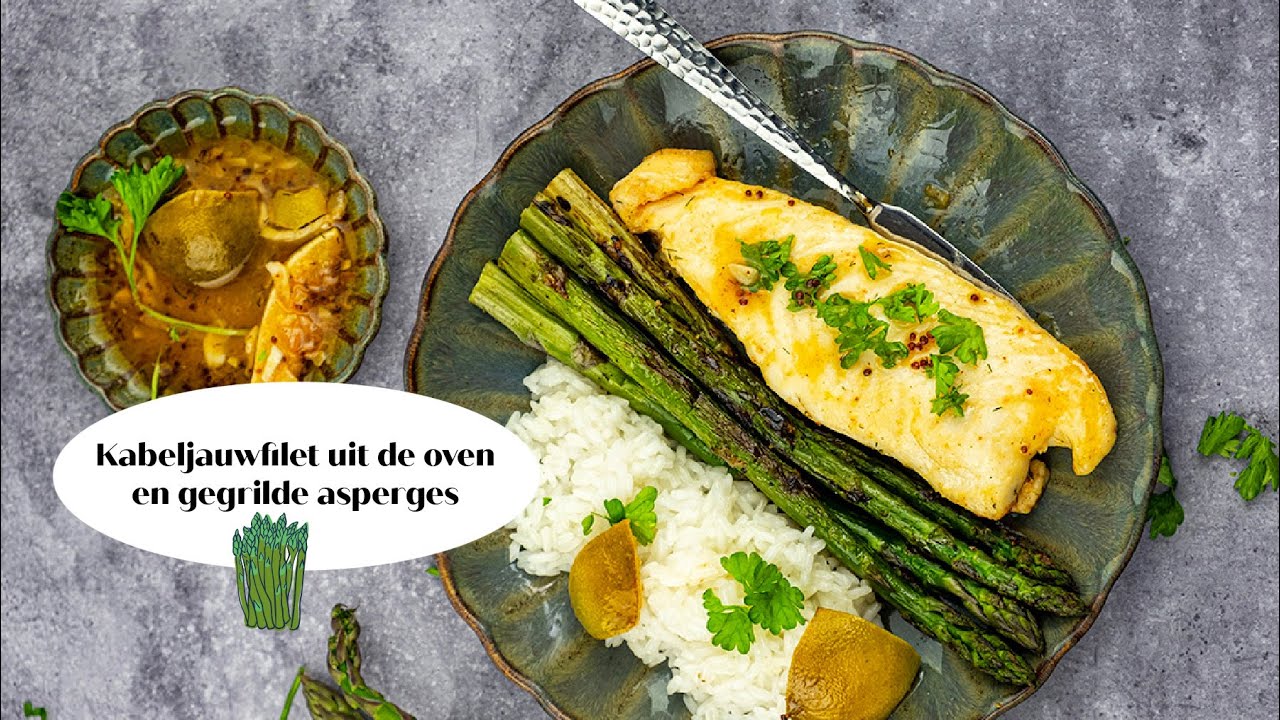 Kabeljauwfilet uit de oven en gegrilde asperges