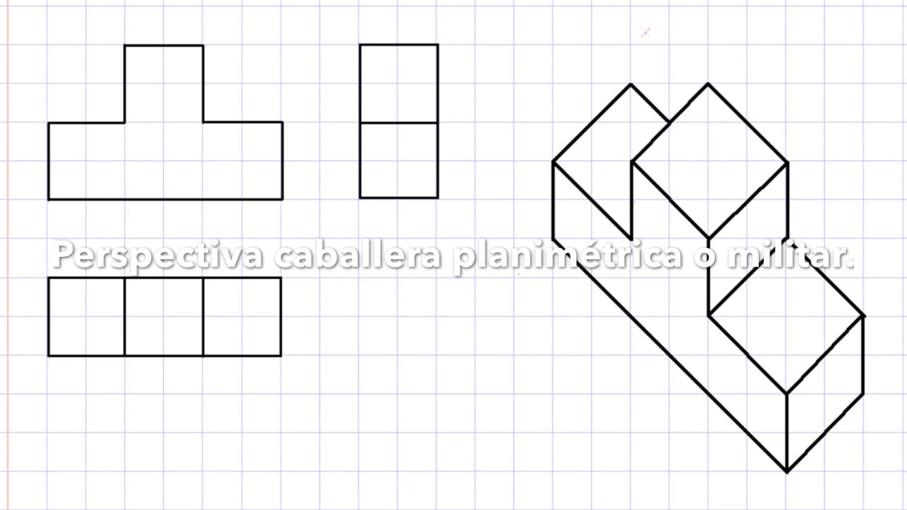 Iniciación a la perspectiva caballera planimétrica o militar. Sobre cuadrícula. Muy fácil.
