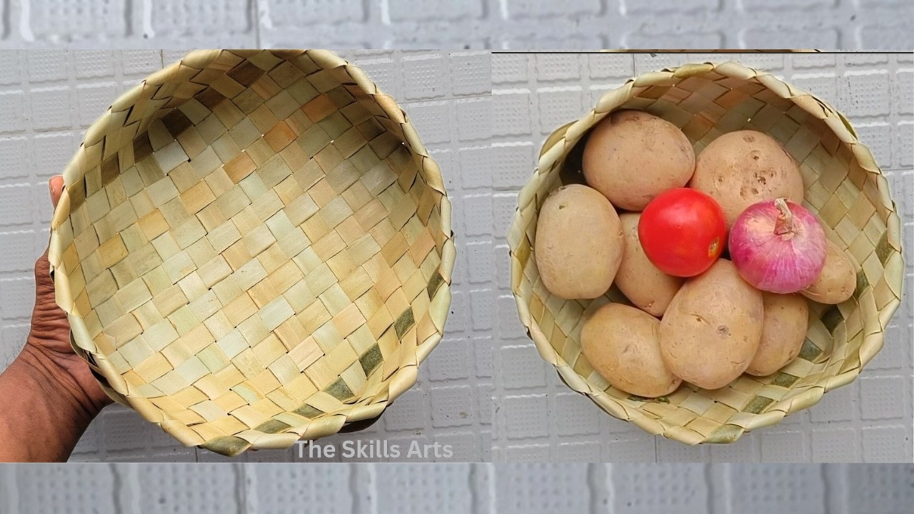 Round Basket With Coconut Palm Leaves At Home  / Make  Plastic Free Basket / Crafts / #theskillsarts