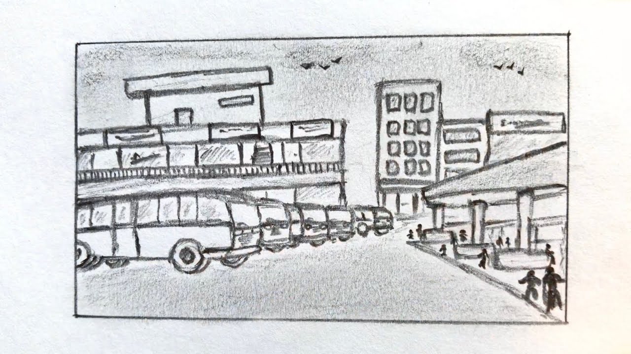 Drawing an Amazing scenery of BUSSTAND easy|Indian,kerala busstand Drawing easy|കേരള ബസ് സ്റ്റാൻഡ്