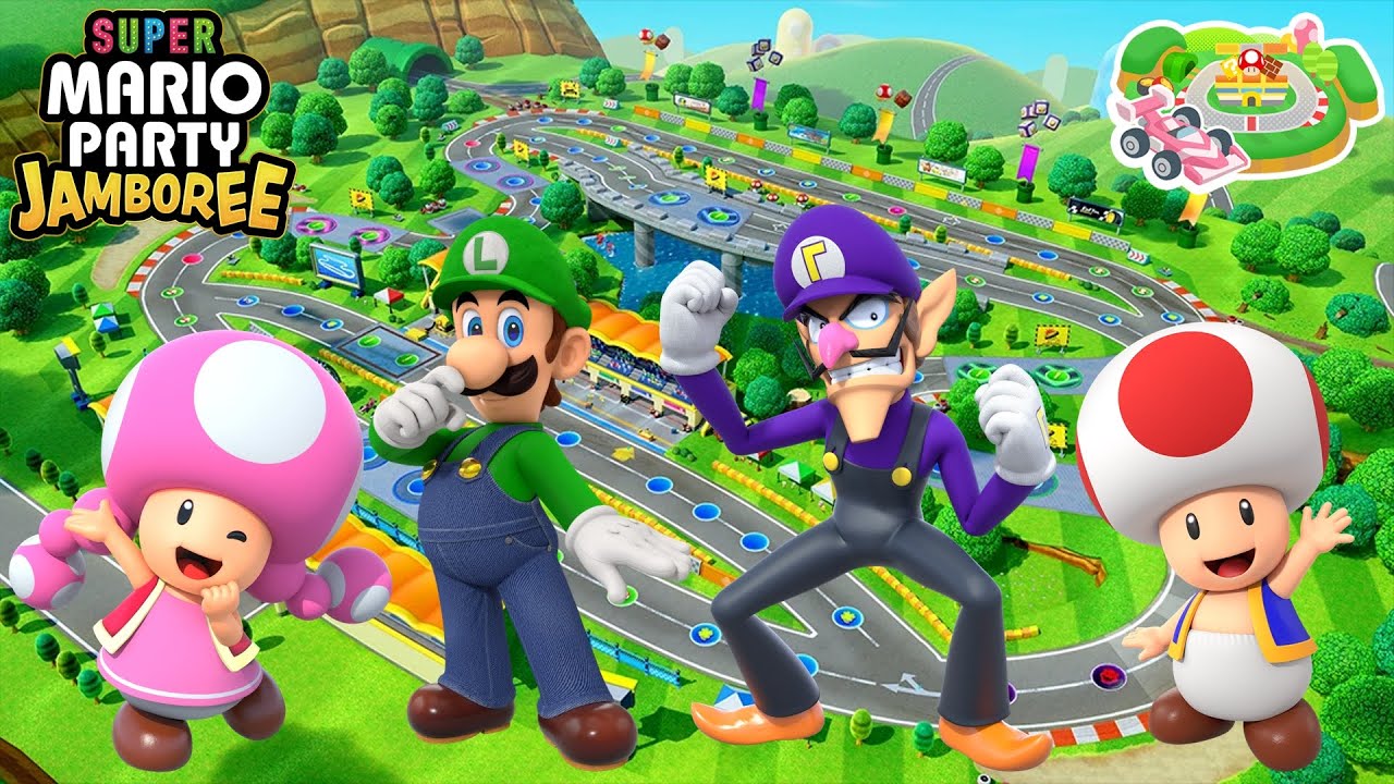 Super Mario Party Jamboree - Toadette vs Luigi vs Waluigi vs Toad - Roll 'em Raceway