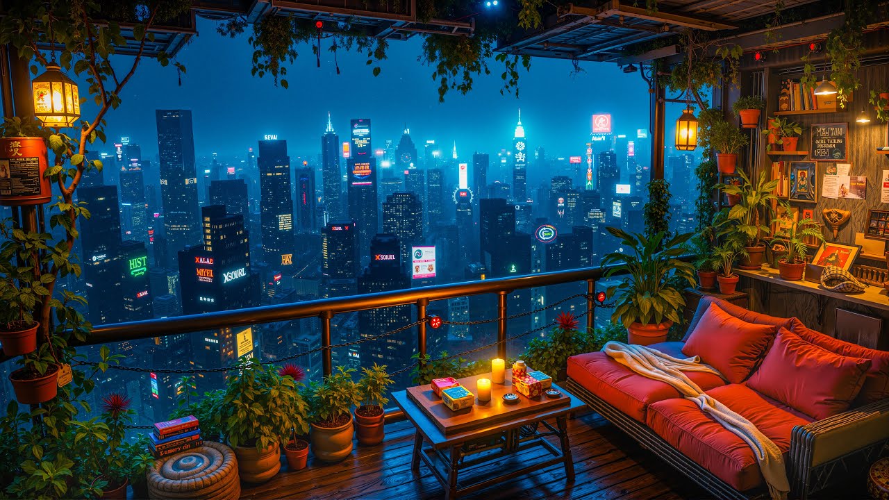 Citylight Rain Balcony 🌧️ | Cozy Neon Night View & Lofi Ambience for Focus, Relax & Sleep | 4K