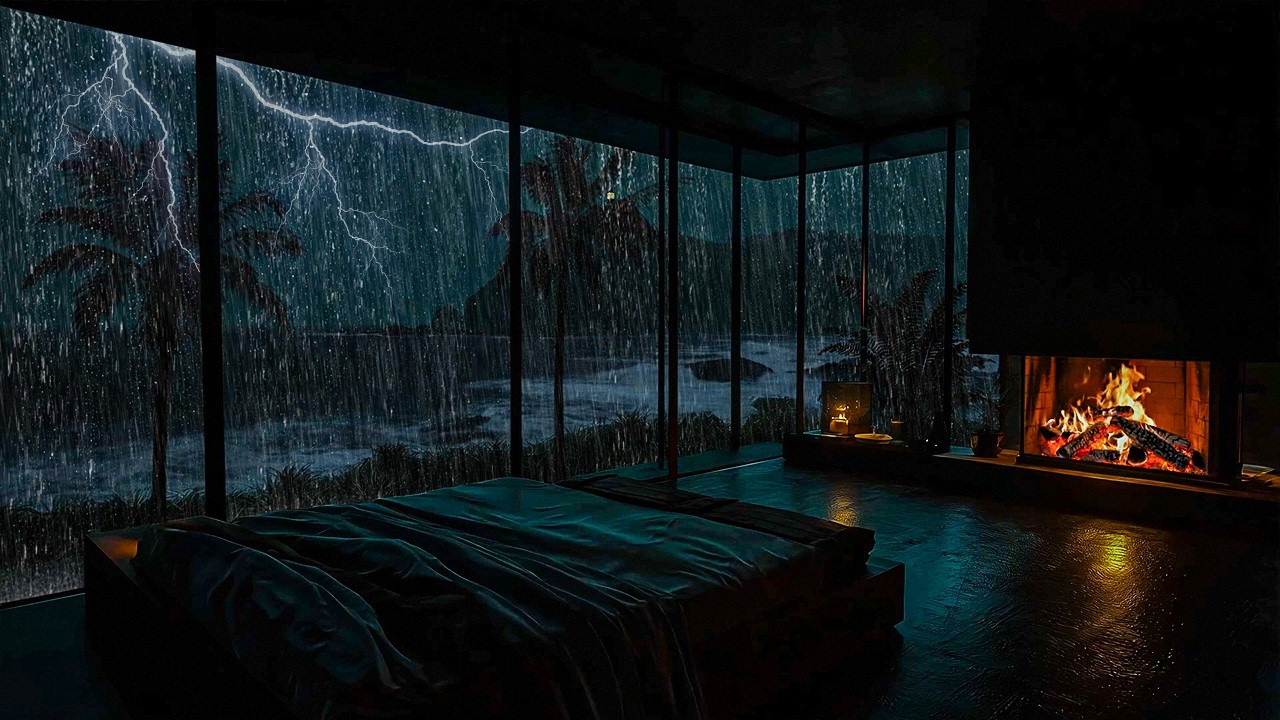 FALL ASLEEP IN 5 MINUTES (No Ads) 💤🌧️ Soft Ocean Rain & Distant Thunder 🔥 Cozy Night for Sleep,Relax