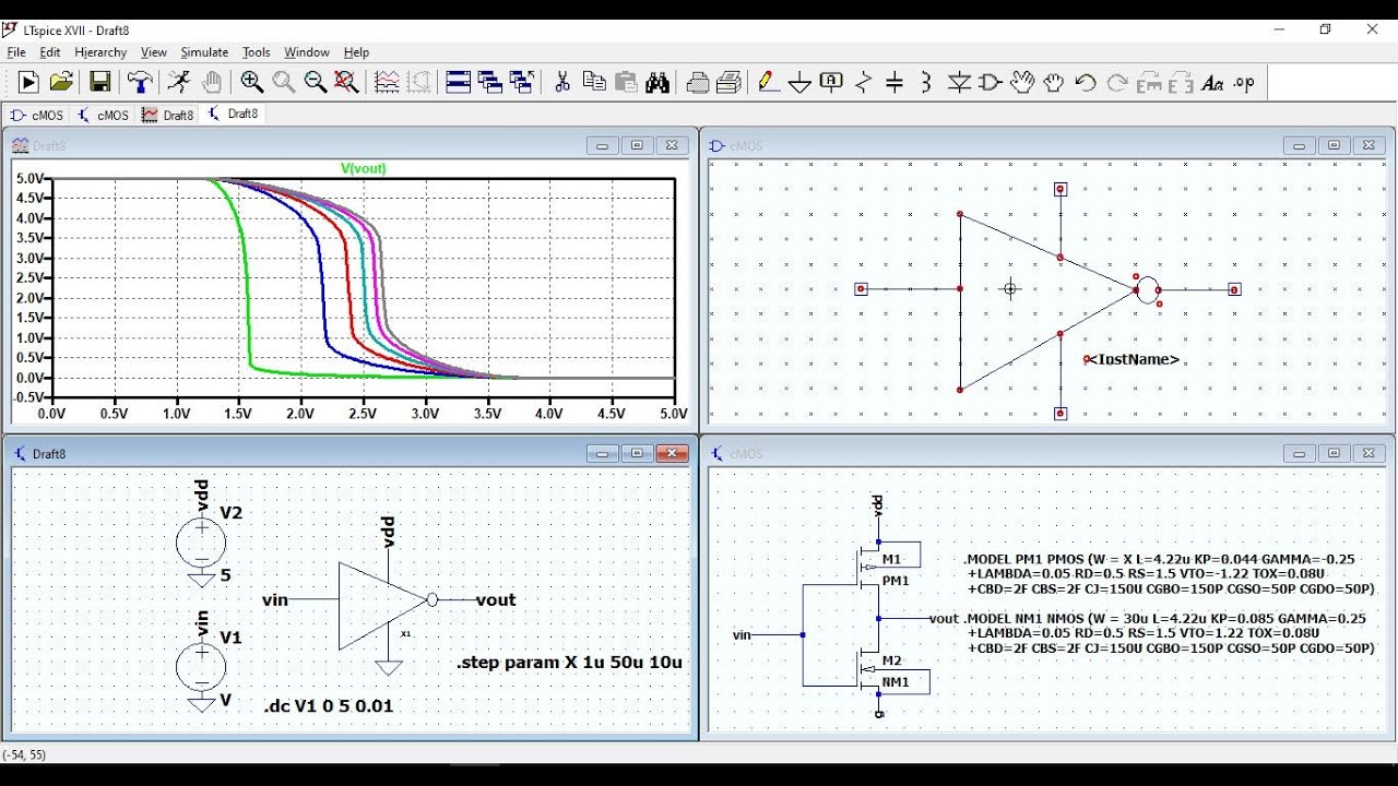 CMOS inverter voltage transfer curve LTSPICE simulation