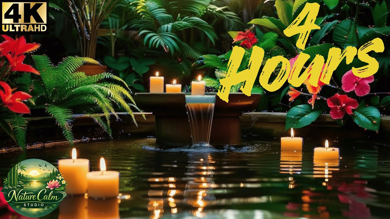 Tropical Garden Water Fountain Ambience 🌺 Candlelight Relaxation & Nature Sounds