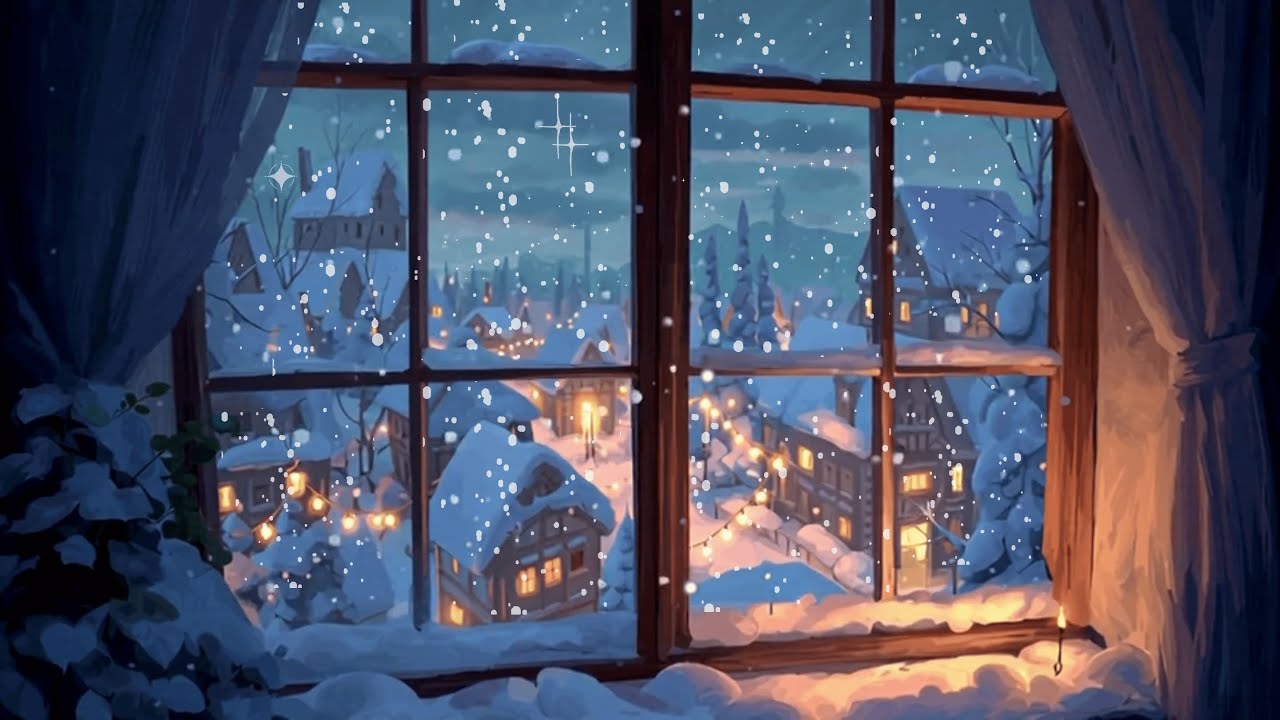 Cozy Winter Window in a Small Town – 1940s Romantic Oldies Playing in Another Room