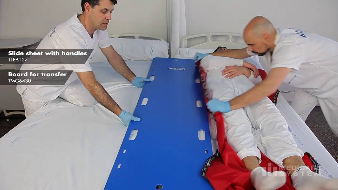 Horizontal transfer of patient between beds with Medi-glide board and Translide slide sheet