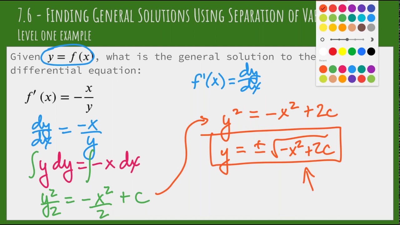7.6 - Finding General Solutions using Separation of Variables - Level 1 Examples
