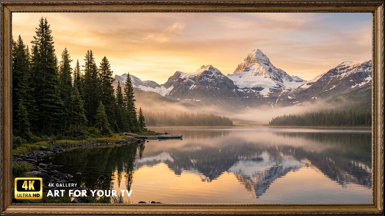 Golden Alpine Lake Reflection, Mountain Landscape Oil Painting 4K UHD | Framed Art TV Screensaver