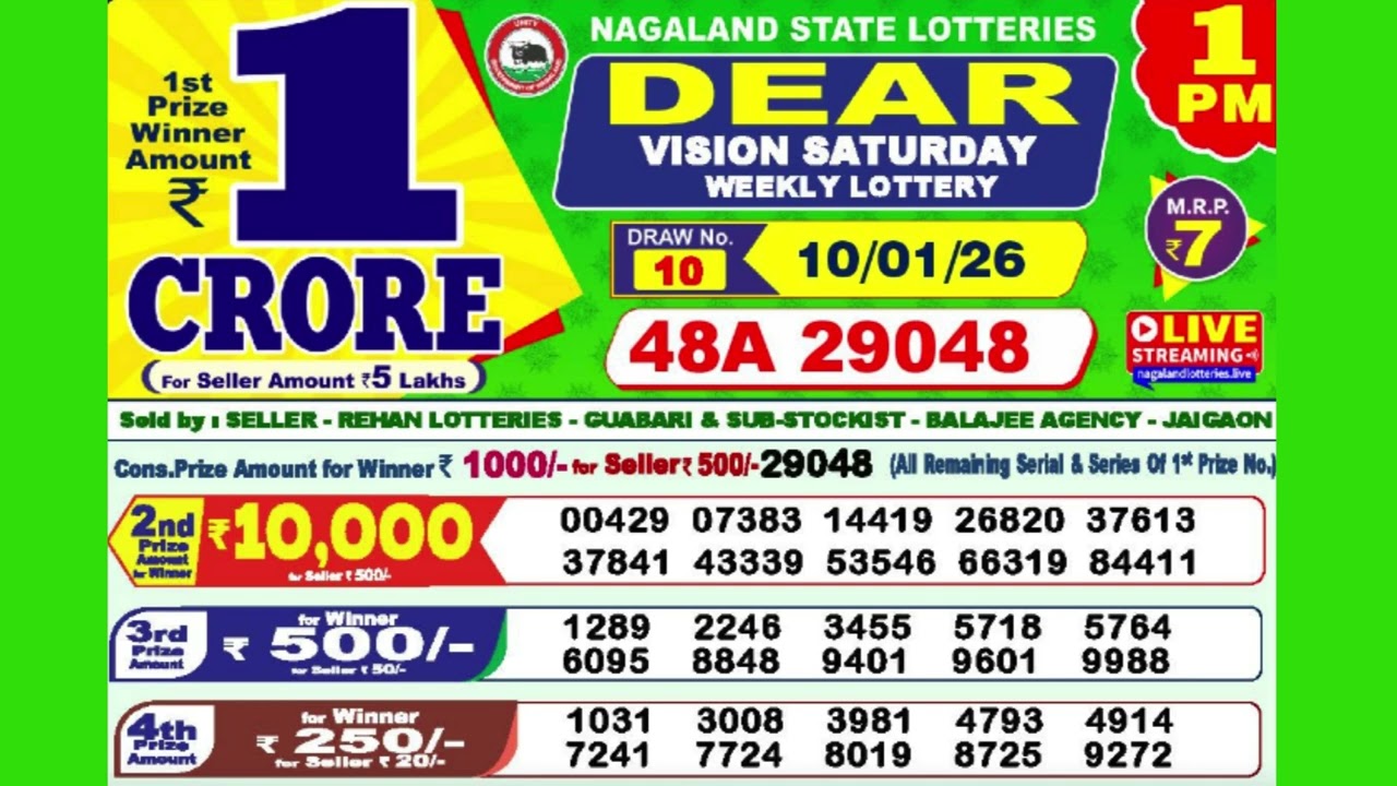 DEAR VISION SATURDAY WEEKLY LOTTERY TODAY RESULT 1 PM 10/01/26#latest lottery result