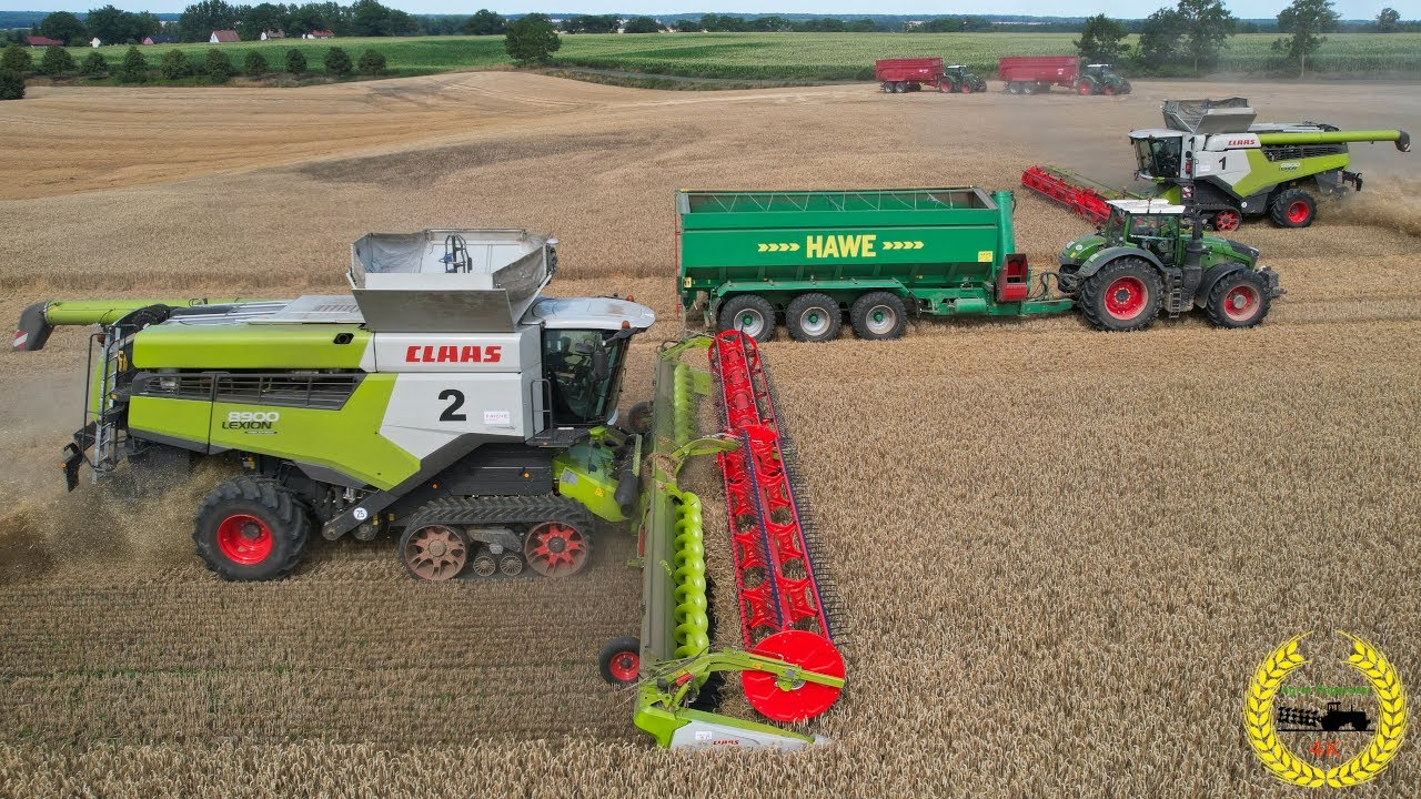 2 X Claas Lexion 8900 mit 1380 Convio / Fendt 1050 Vario / Hawe 4000 &Uuml;berladewagen / Weizenernte